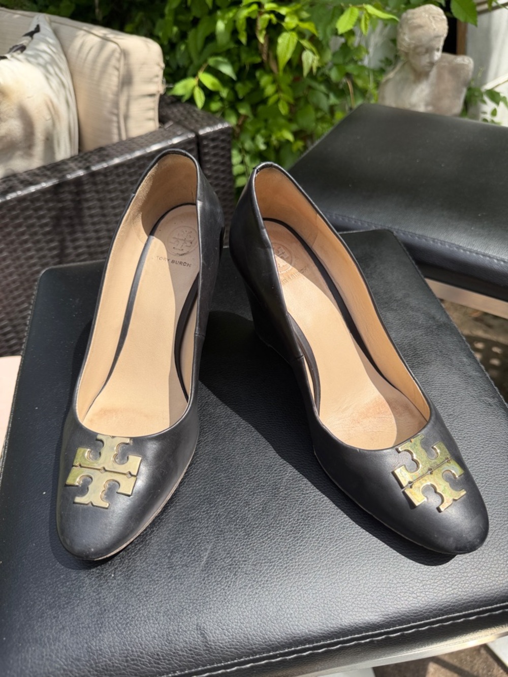 Tory Burch Black Leather Wedge with Gold Logo
